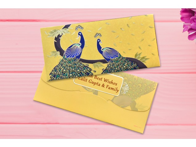 Yellow Peacocks Shagun Envelope Personalised- Pack of 12